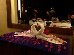 These towel swans were sitting outside the reception room for a wedding at the hotel.