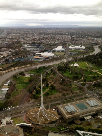 The Melbourne Cricket Ground (MCG), Rod Laver Arena and the Arts Centre from the Eureka Skydeck.